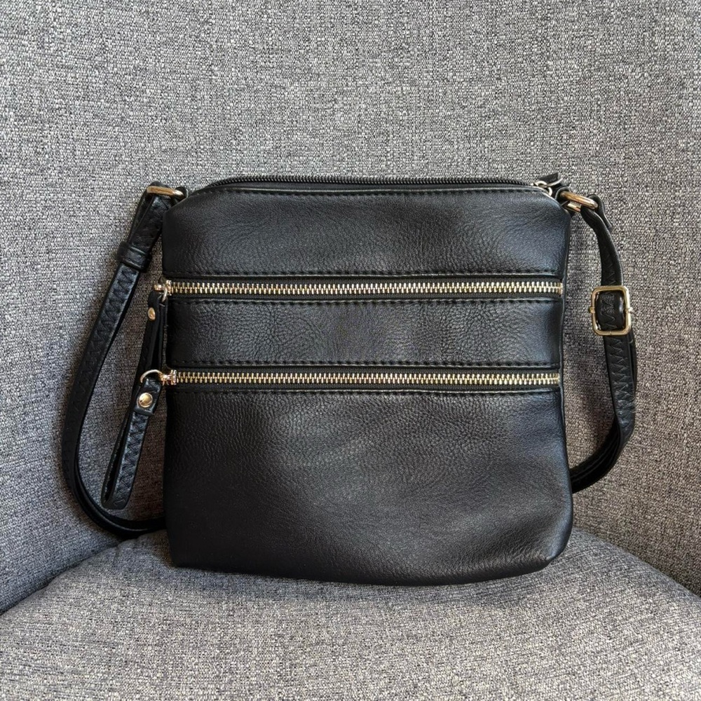 Black Crossbody Bag with Gold Zippers